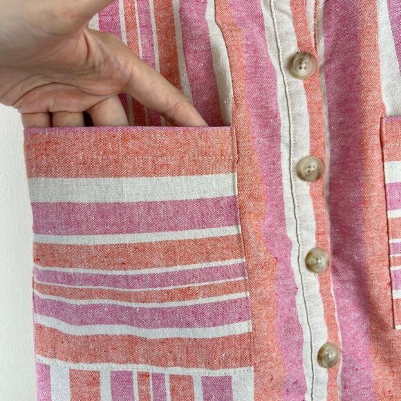 BNDI Pink Striped Linen Blend Button Front Tie Strap Mini Dress - Picture 4 of 5